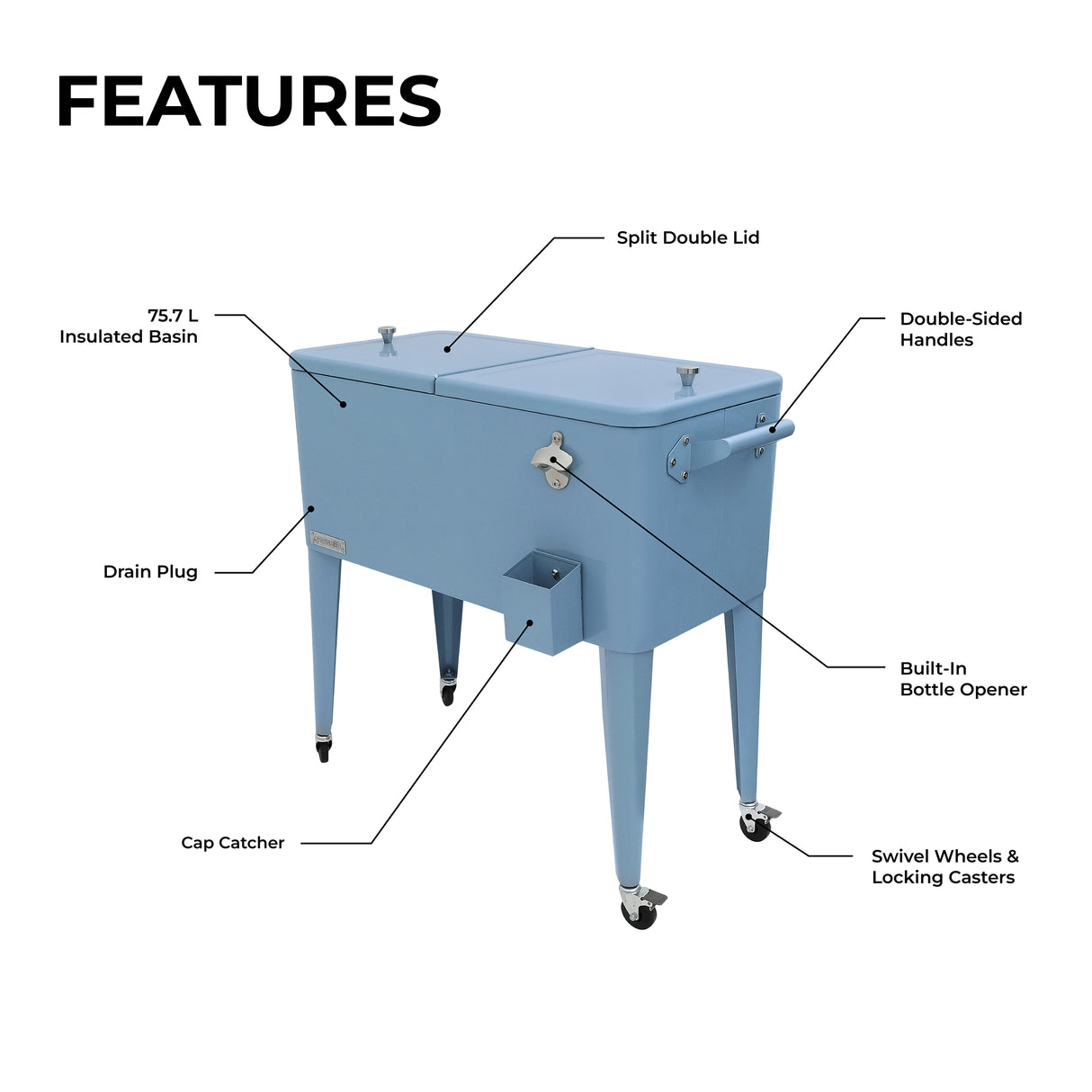 Permasteel 75 Liters Rolling Patio Cooler - Turquoise