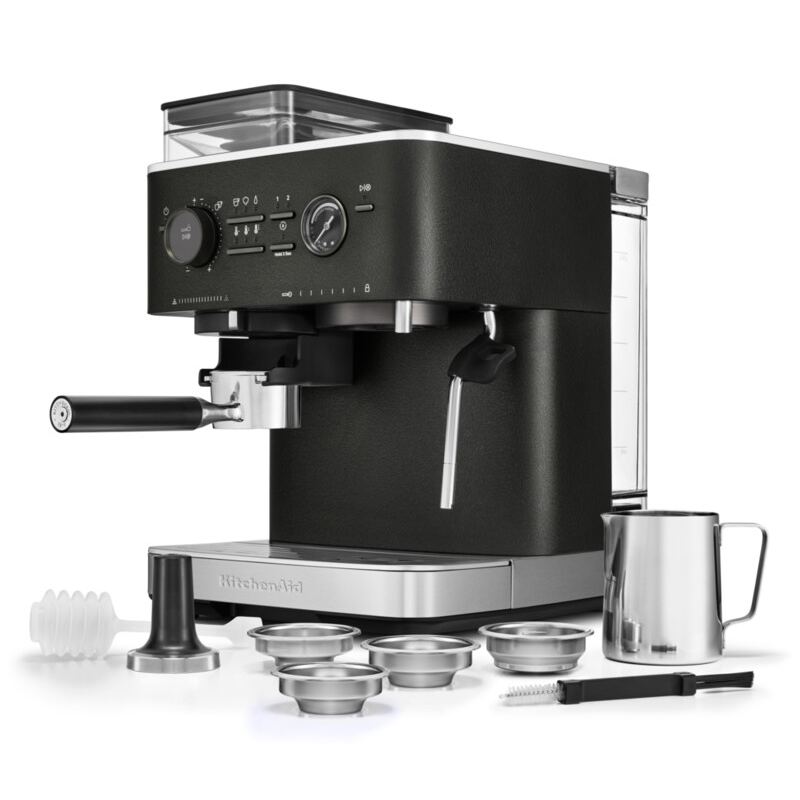 Semi Automatic Espresso Machine with Burr Grinder, Cast Iron Black