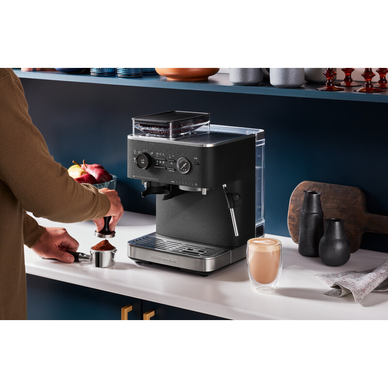 Semi Automatic Espresso Machine with Burr Grinder, Cast Iron Black